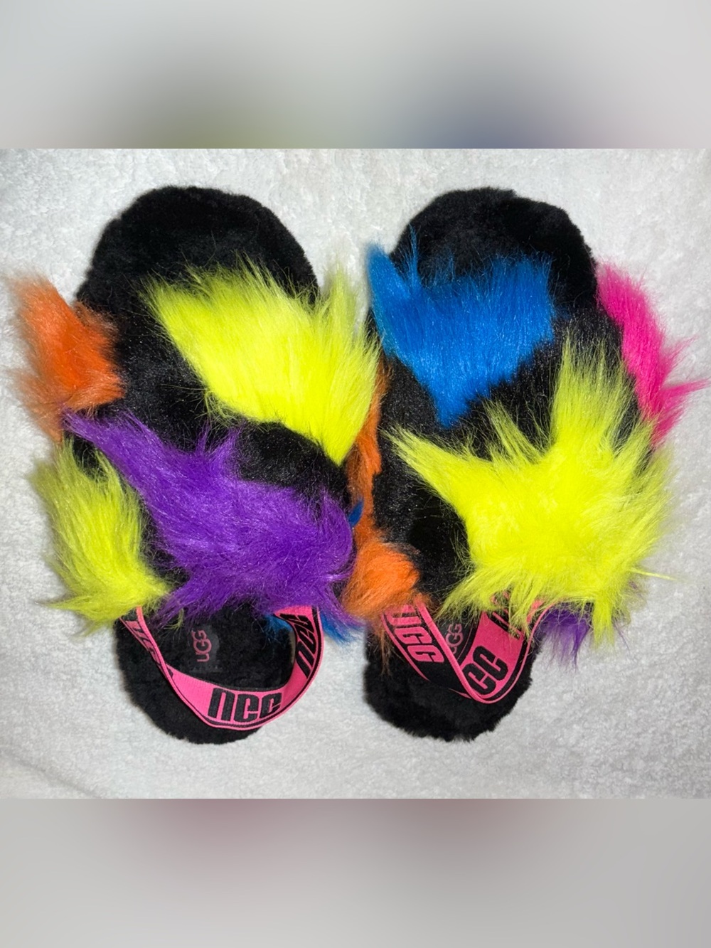 UGG Adult Fluff Yeah Slippers with Neon Yellow/Blue/Purple/Pink/Orange Size 7